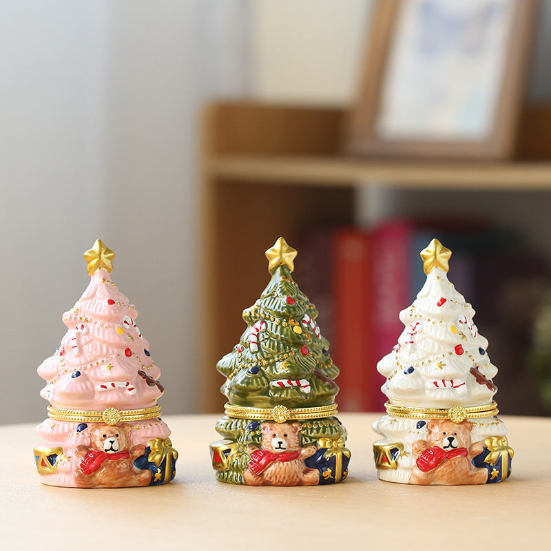 Fuzzy Bear Christmas Tree Trinket Box