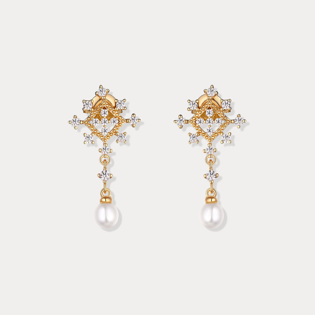 Gold Snowflake Pearl Earrings