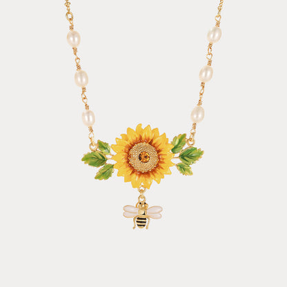 Sunflower Pendant  Necklace With Pearls