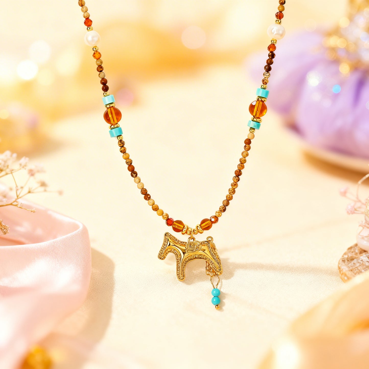 Agate Beaded Horse Necklace