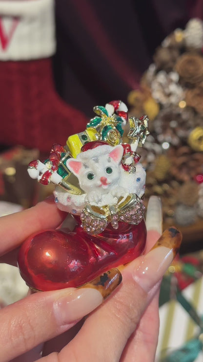 Santa's Christmas Boot & Cat Trinket Box